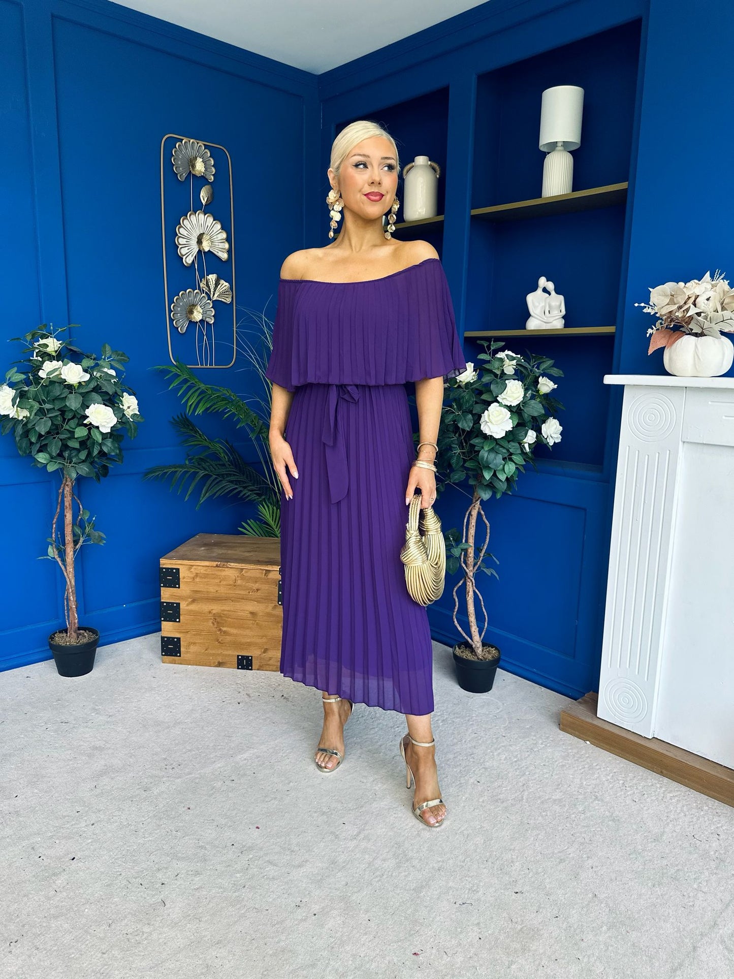 Aileen Pleated Bardot Midi Dress Violet