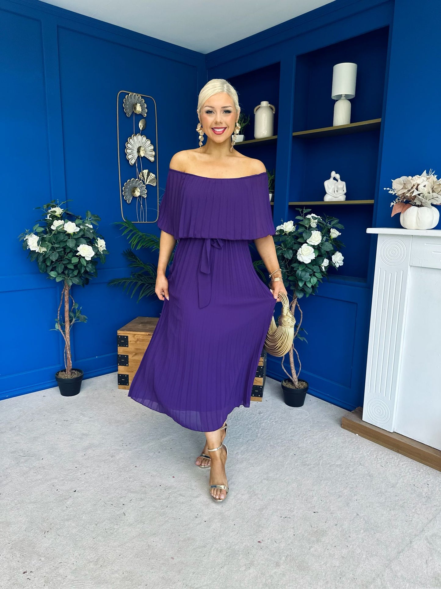 Aileen Pleated Bardot Midi Dress Violet