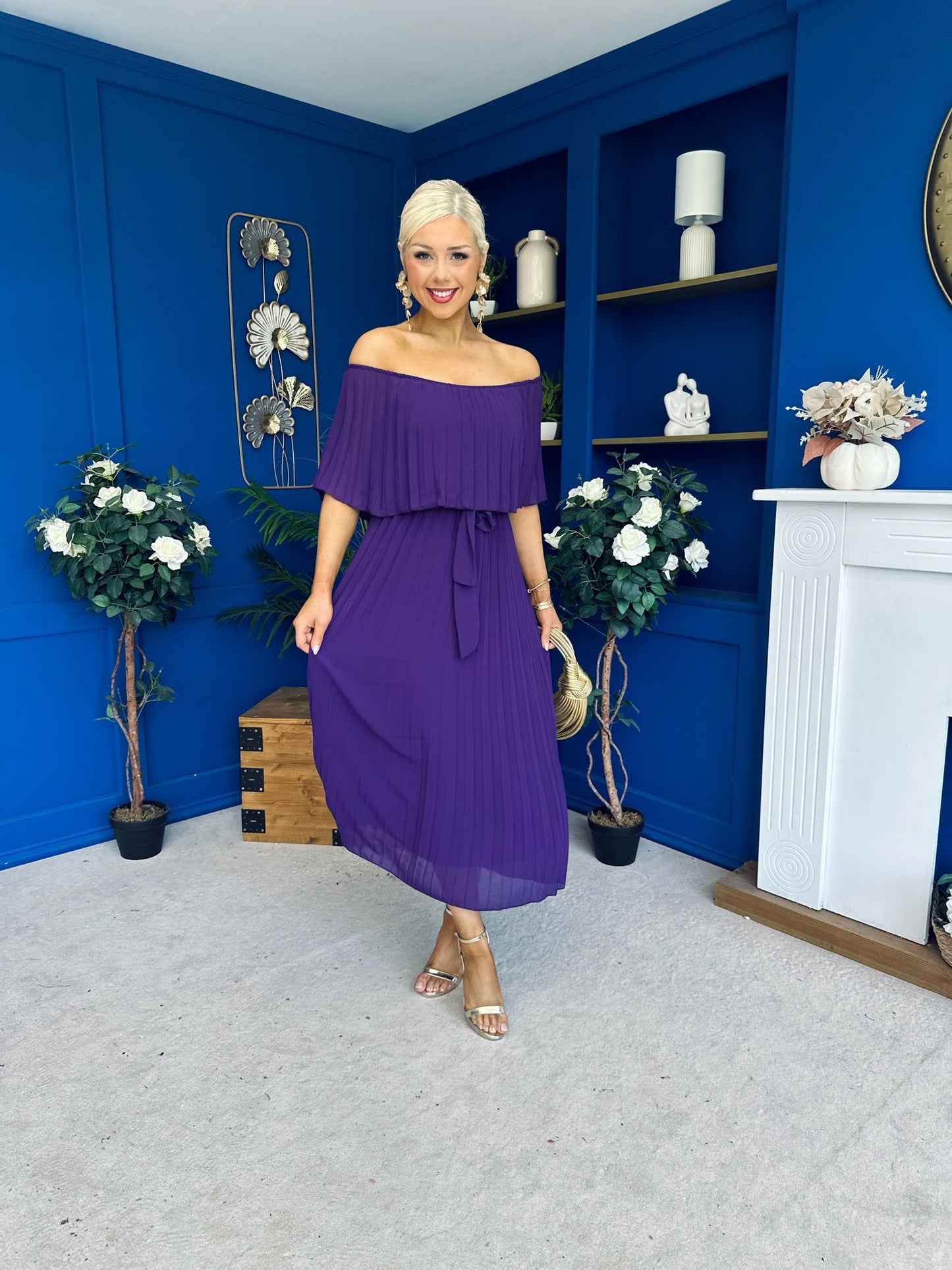Aileen Pleated Bardot Midi Dress Violet