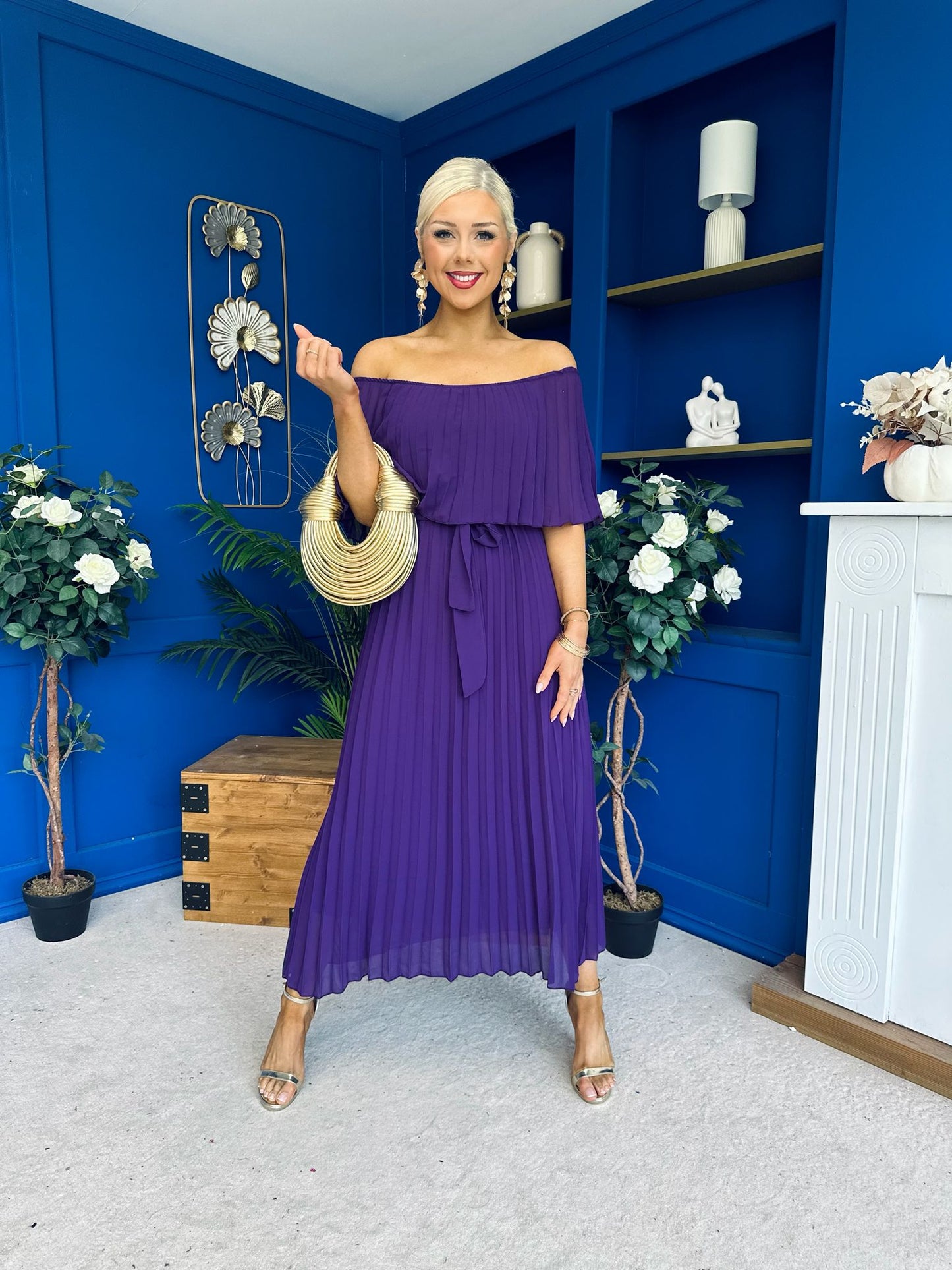 Aileen Pleated Bardot Midi Dress Violet
