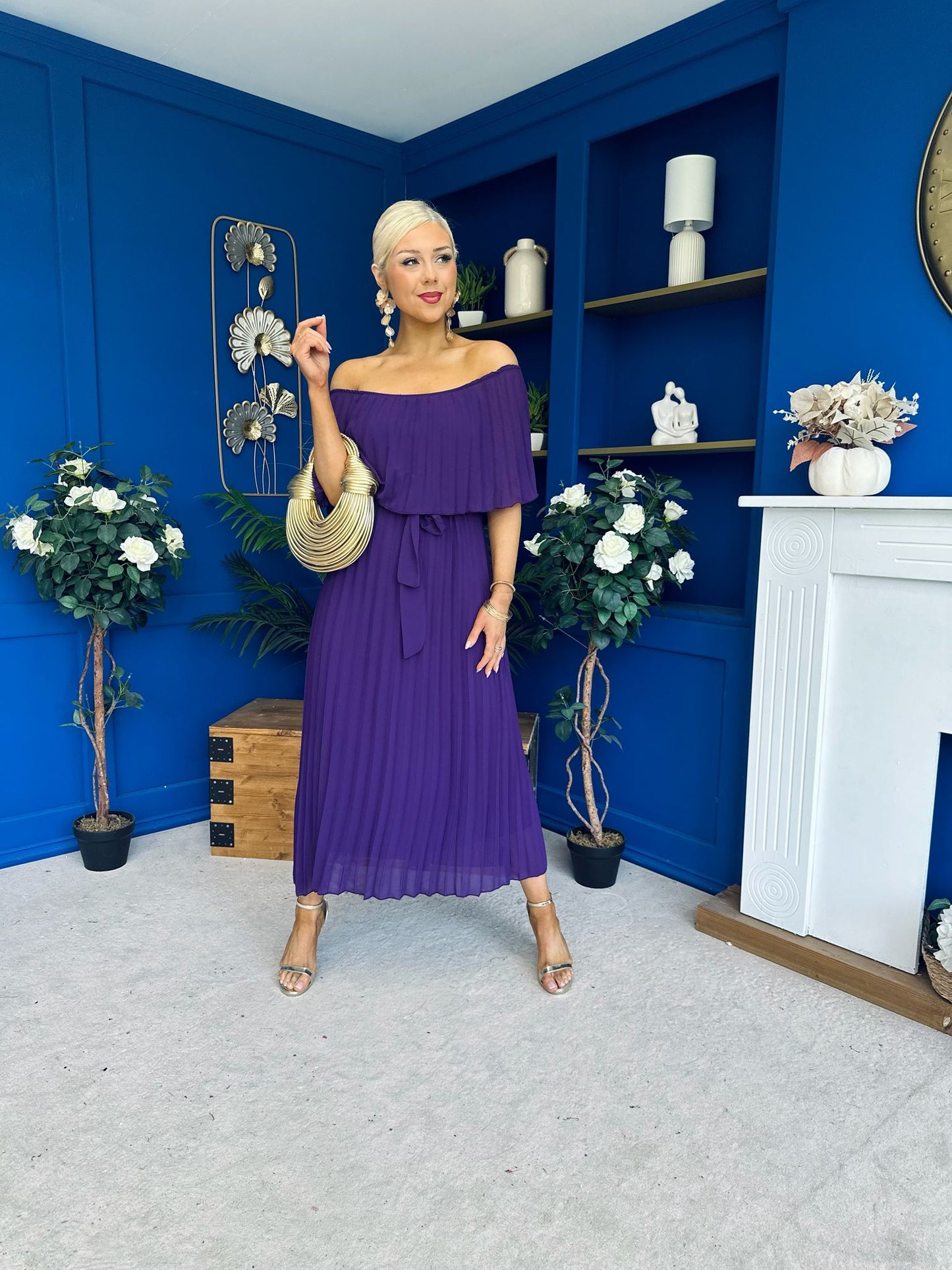 Aileen Pleated Bardot Midi Dress Violet