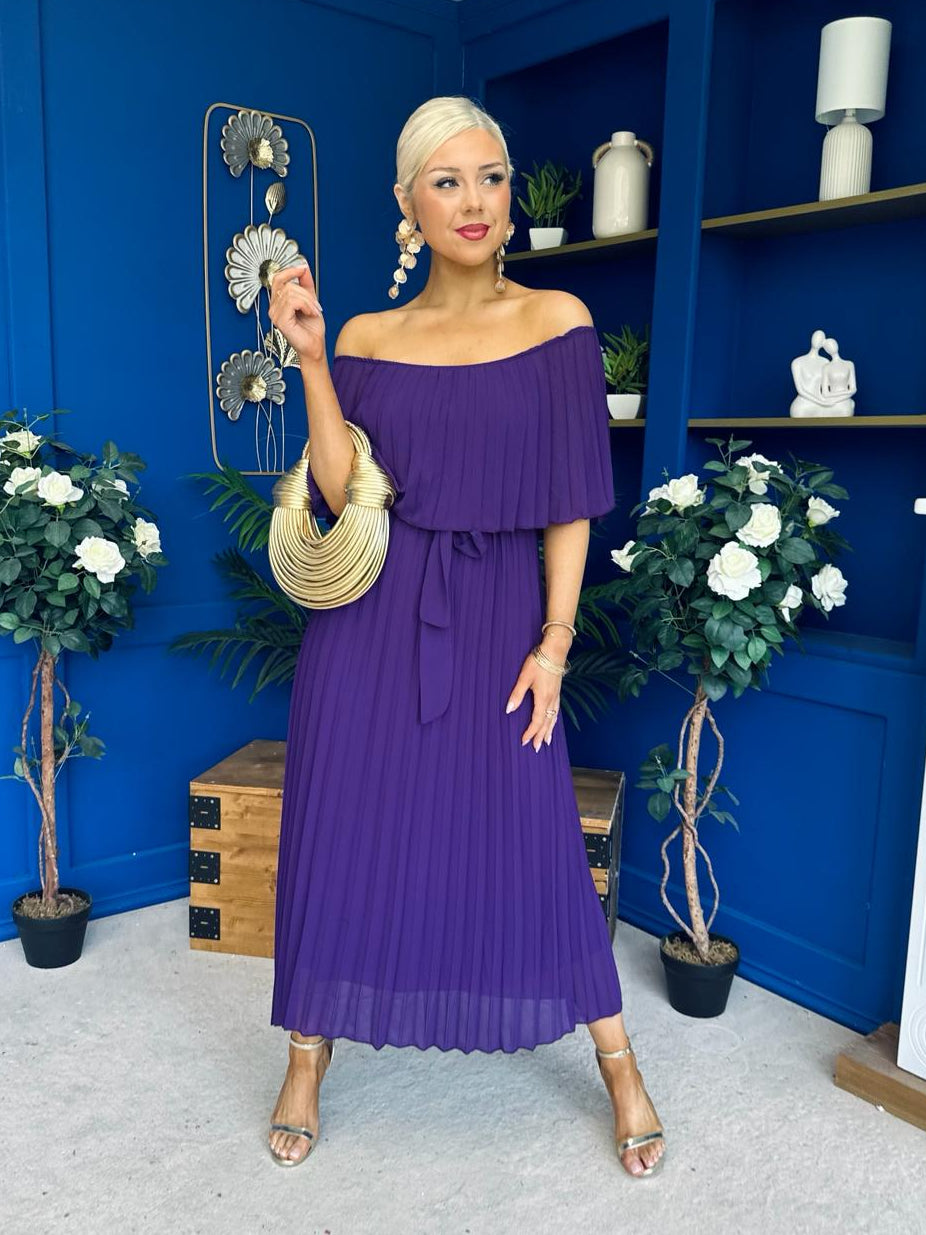 Aileen Pleated Bardot Midi Dress Violet