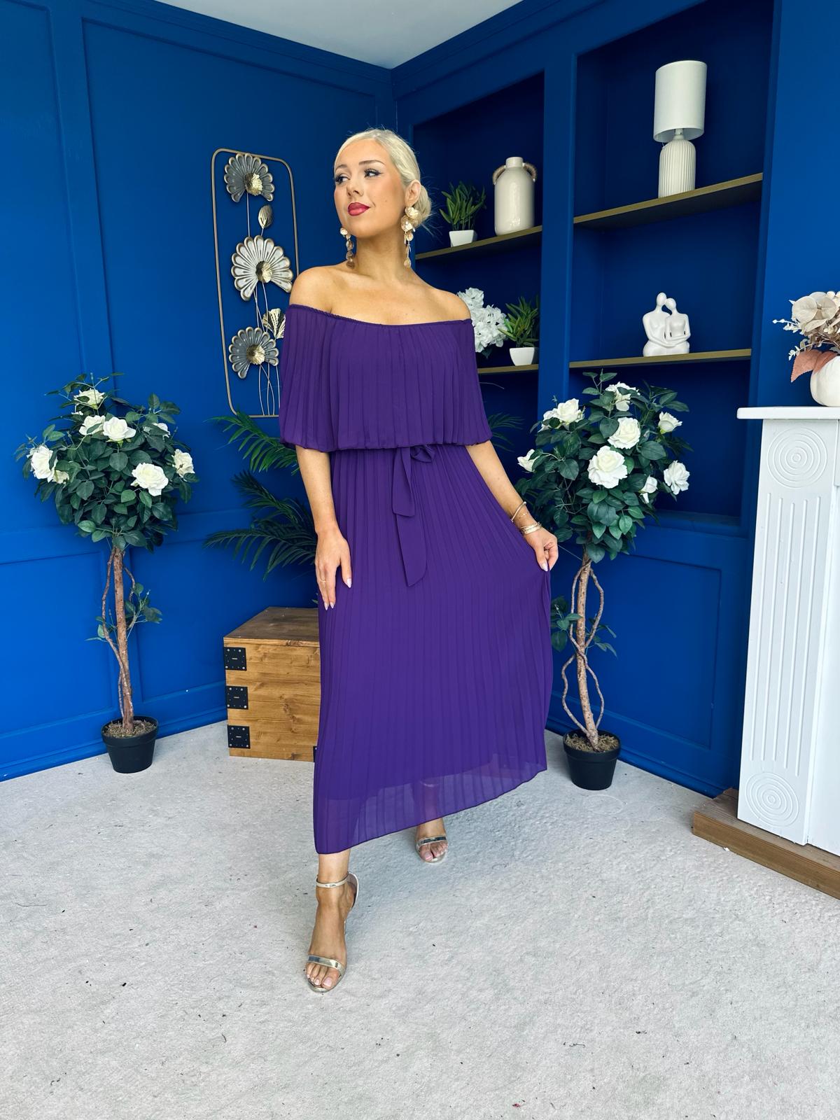 Aileen Pleated Bardot Midi Dress Violet