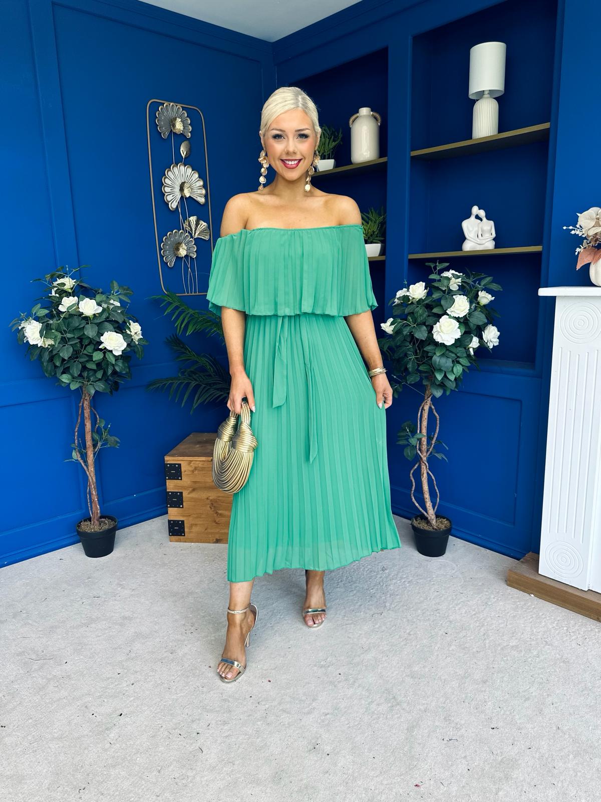Aileen Pleated Bardot Midi Dress Emerald