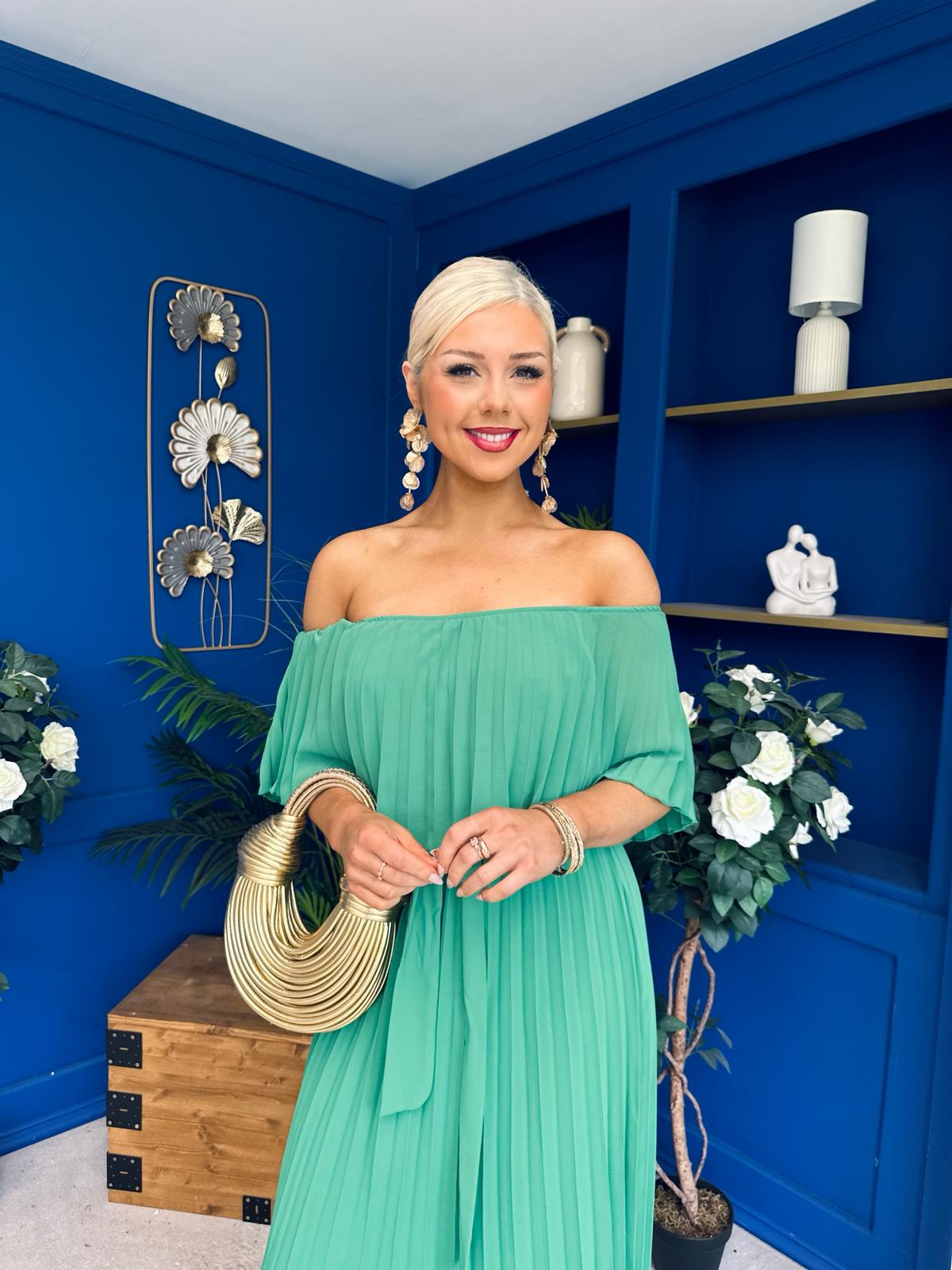 Aileen Pleated Bardot Midi Dress Emerald