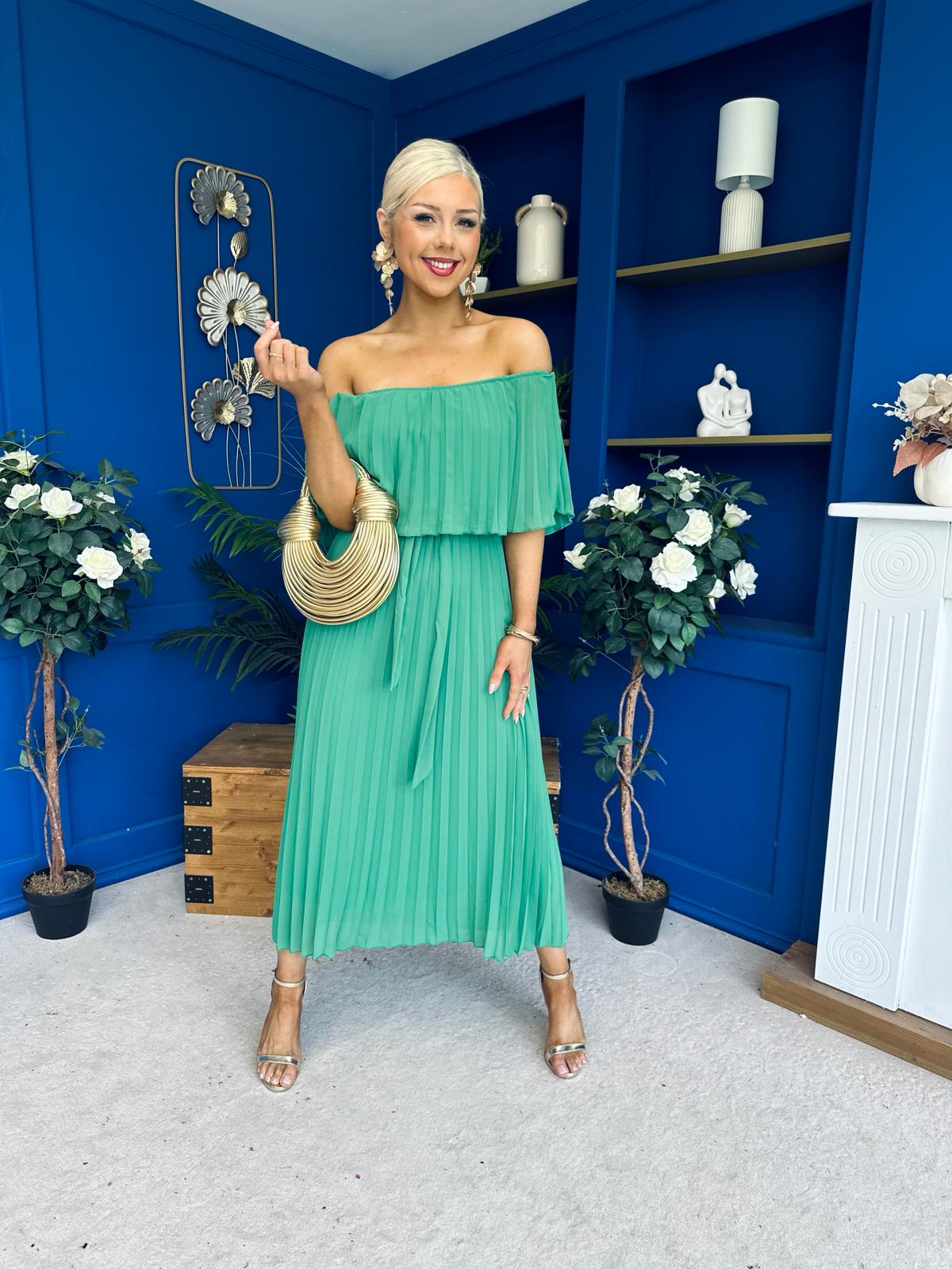 Aileen Pleated Bardot Midi Dress Emerald