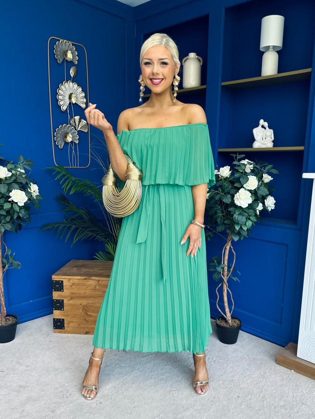 Aileen Pleated Bardot Midi Dress Emerald