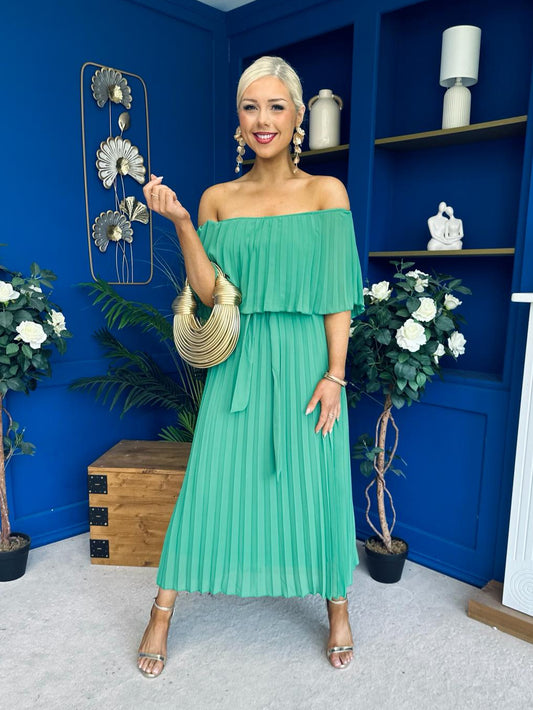 Aileen Pleated Bardot Midi Dress Emerald