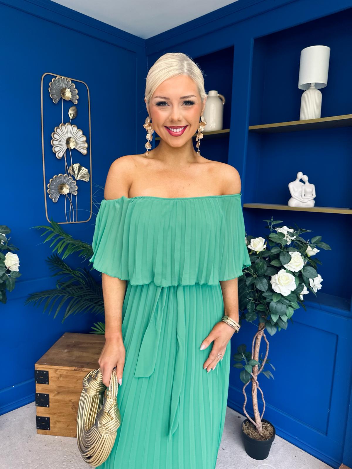 Aileen Pleated Bardot Midi Dress Emerald