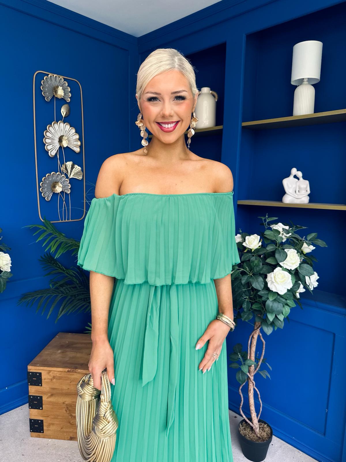 Aileen Pleated Bardot Midi Dress Emerald