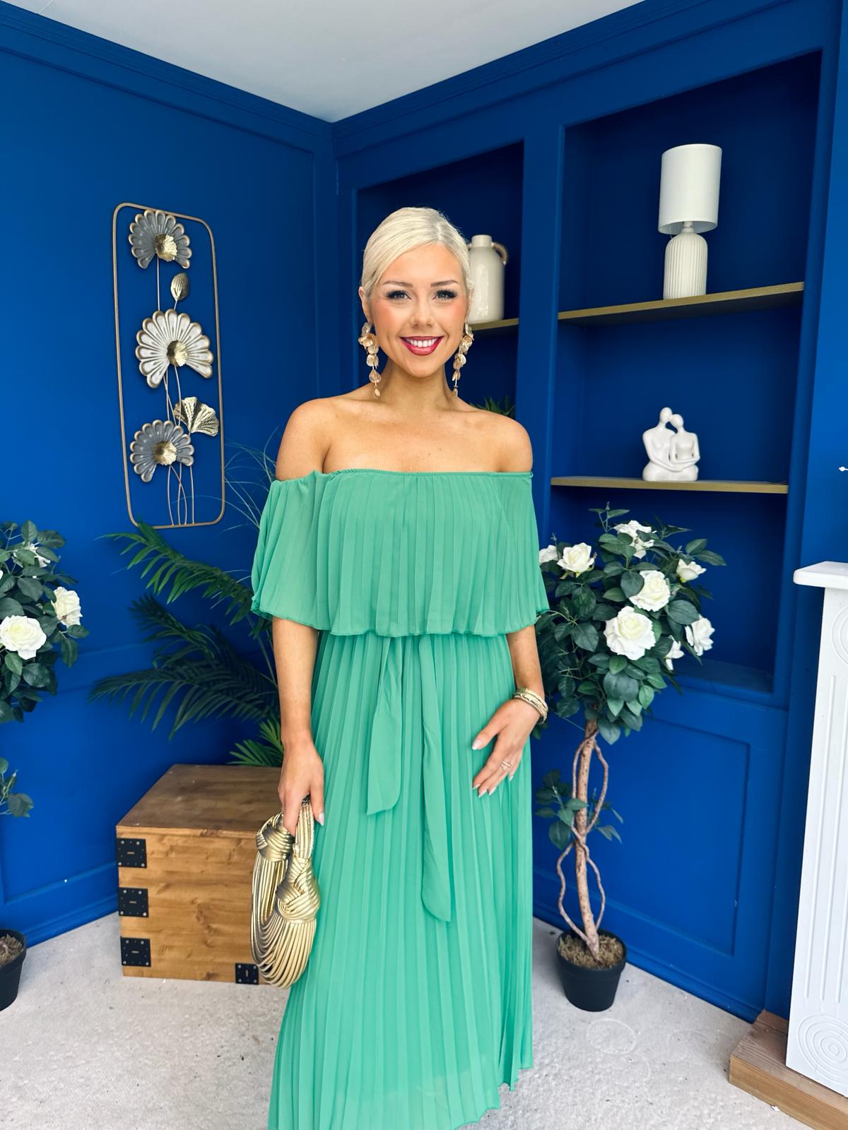 Aileen Pleated Bardot Midi Dress Emerald