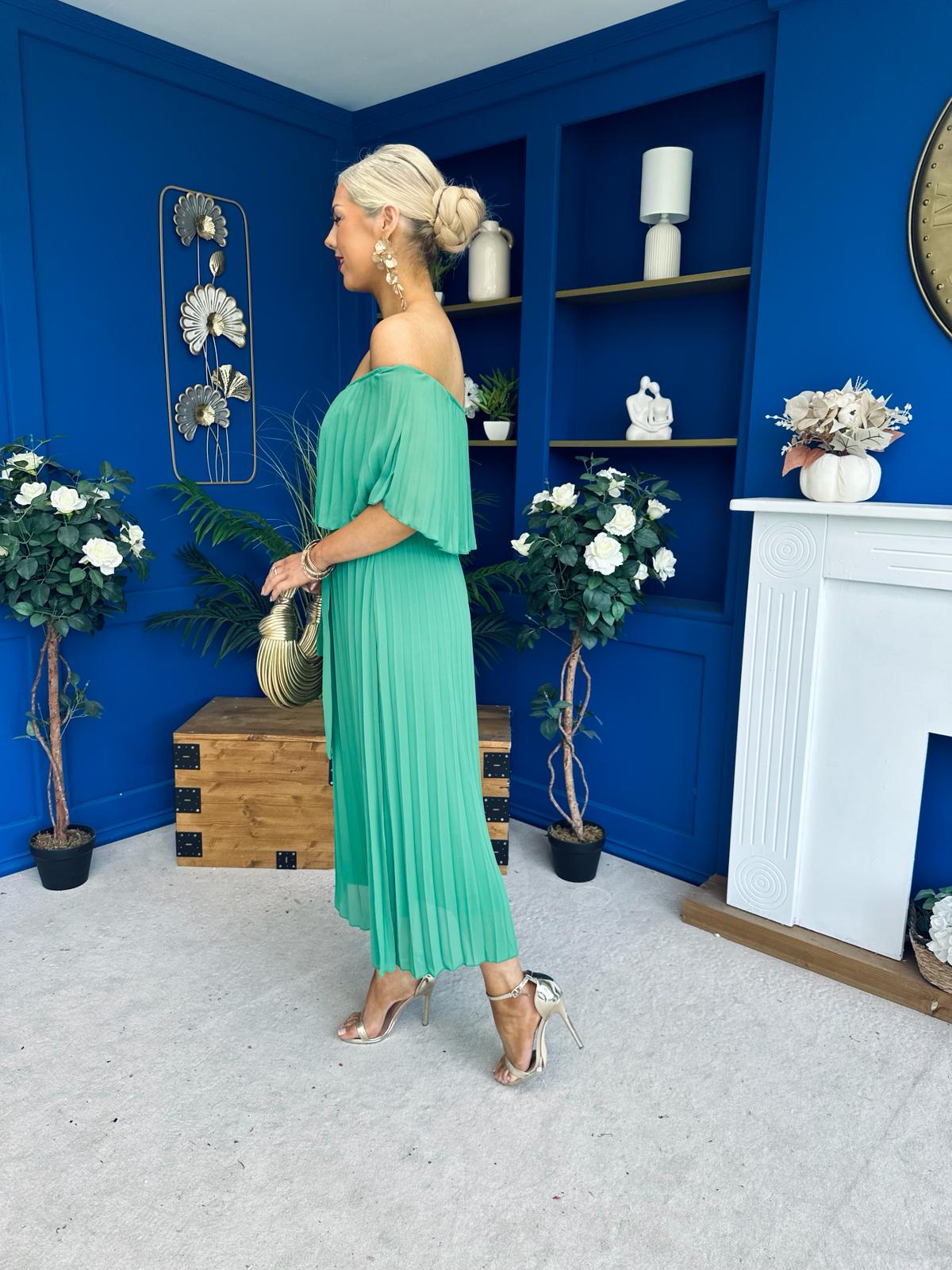 Aileen Pleated Bardot Midi Dress Emerald