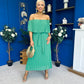 Aileen Pleated Bardot Midi Dress Emerald