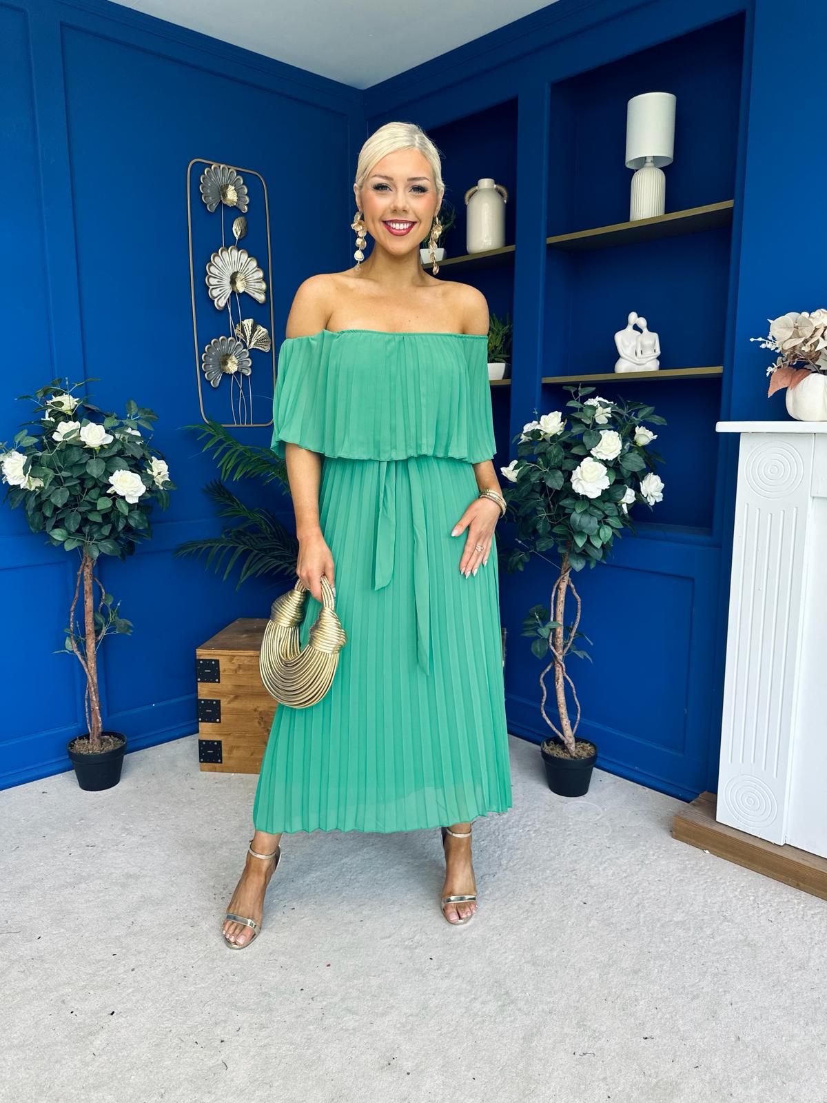 Aileen Pleated Bardot Midi Dress Emerald
