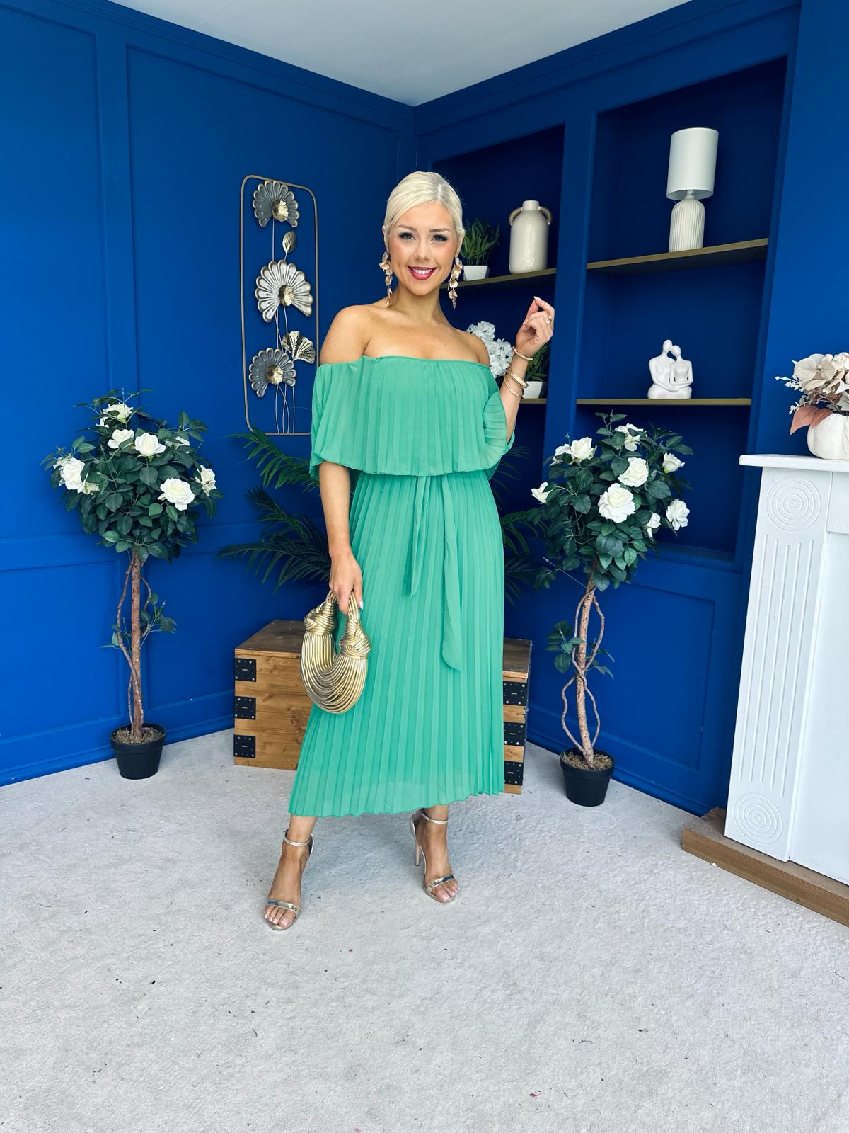 Aileen Pleated Bardot Midi Dress Emerald