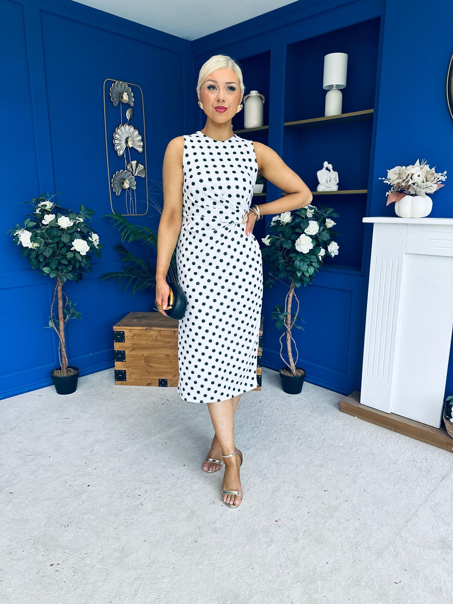 Faith Gathered Detail Midi Dress Polka White
