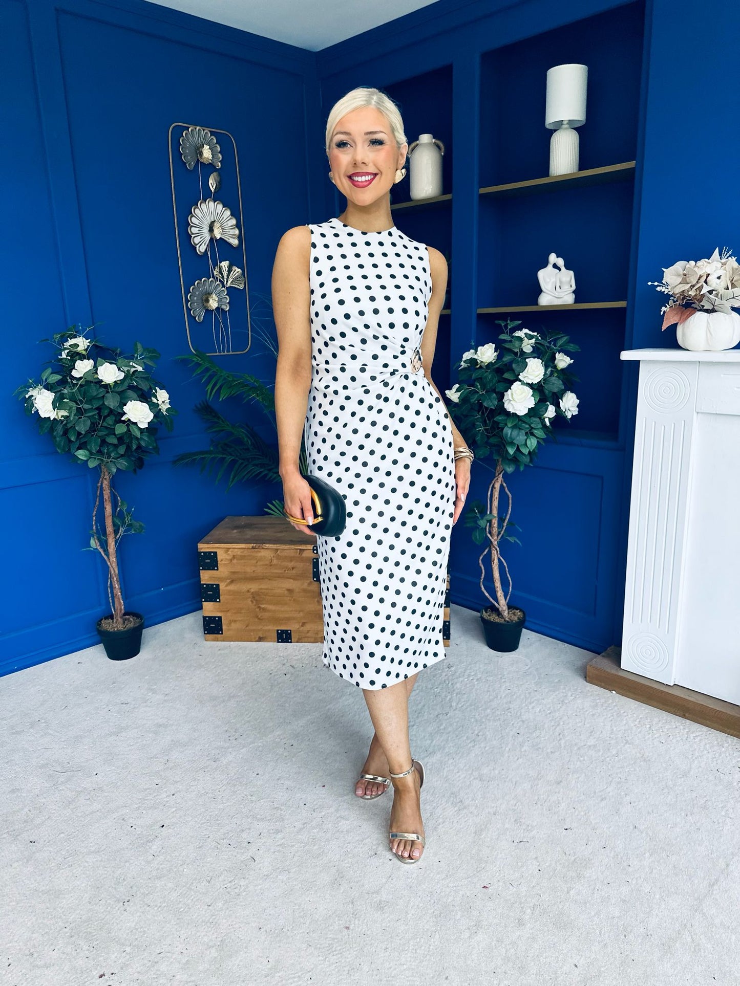 Faith Gathered Detail Midi Dress Polka White