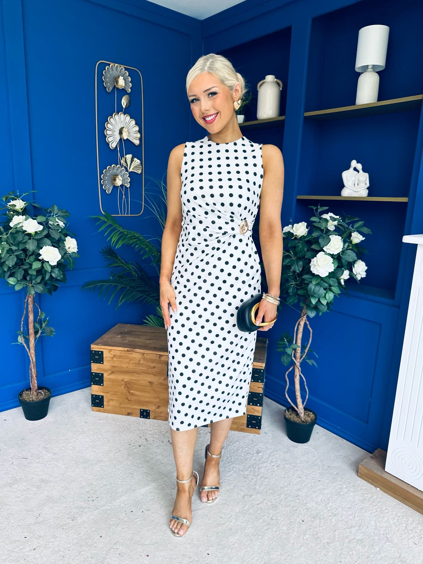 Faith Gathered Detail Midi Dress Polka White