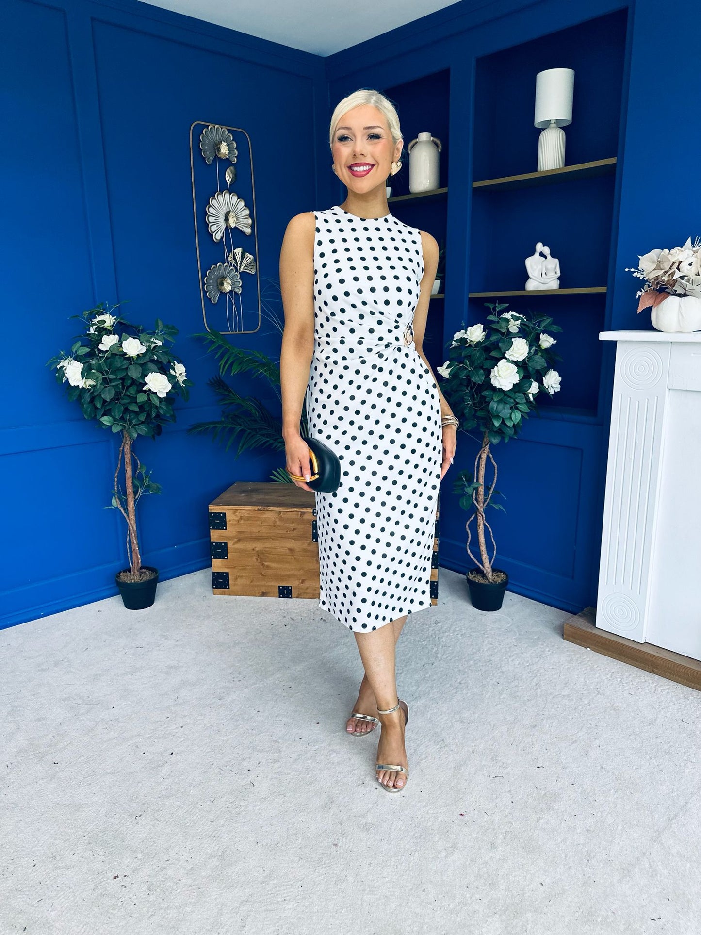 Faith Gathered Detail Midi Dress Polka White