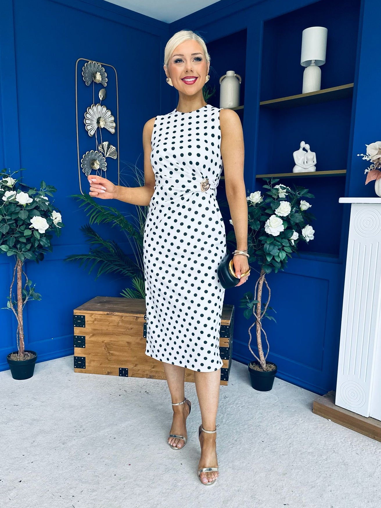 Faith Gathered Detail Midi Dress Polka White