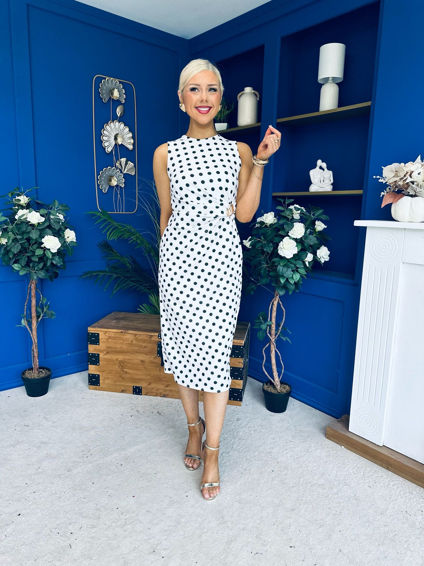 Faith Gathered Detail Midi Dress Polka White