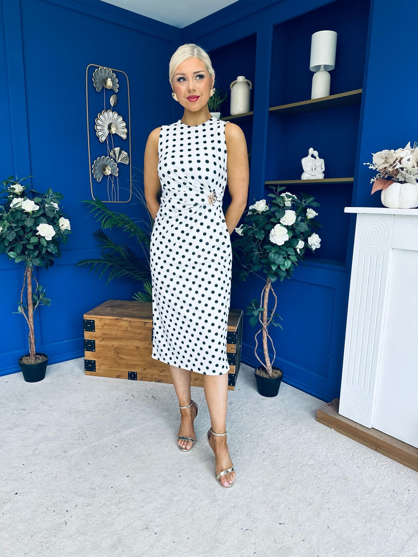 Faith Gathered Detail Midi Dress Polka White