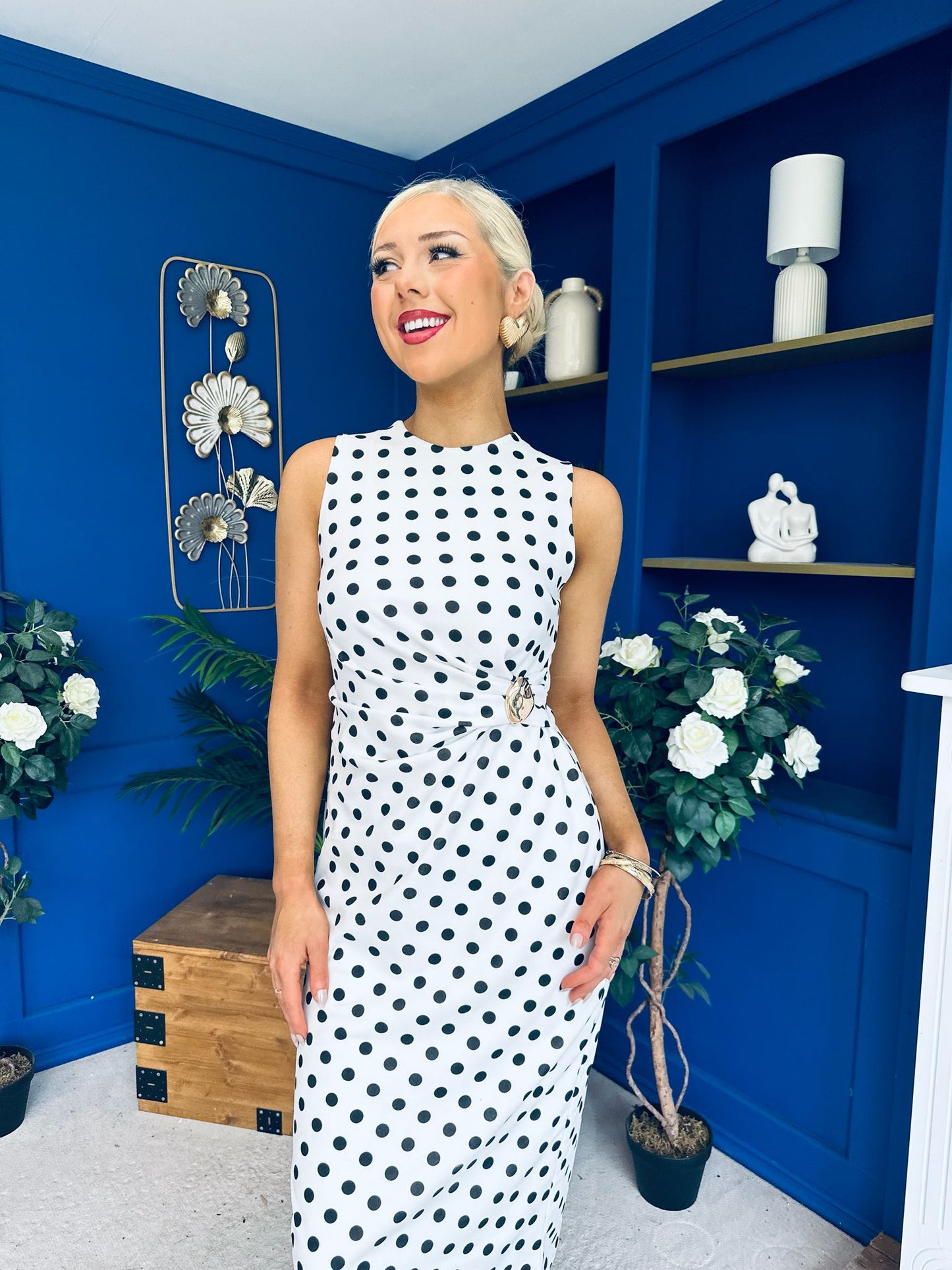 Faith Gathered Detail Midi Dress Polka White