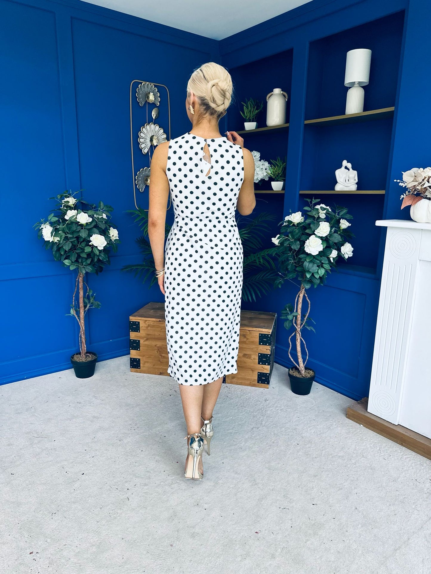 Faith Gathered Detail Midi Dress Polka White