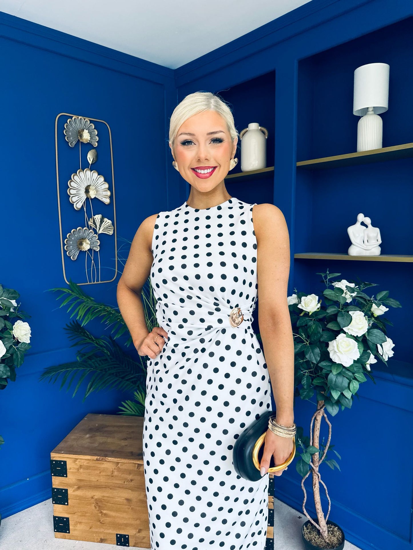 Faith Gathered Detail Midi Dress Polka White