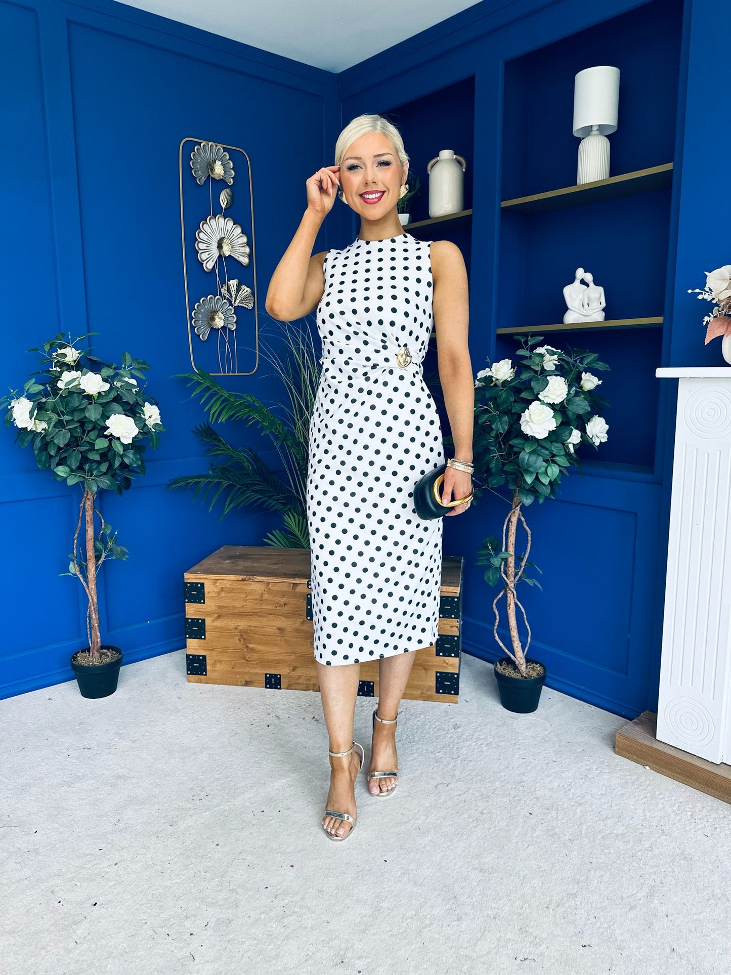 Faith Gathered Detail Midi Dress Polka White