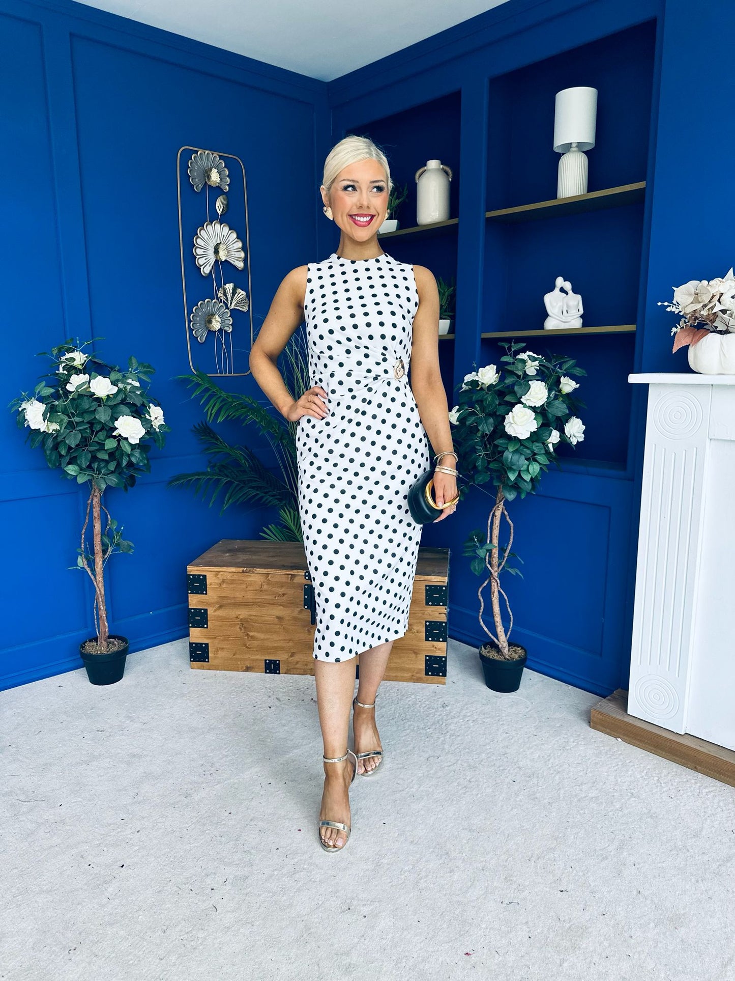 Faith Gathered Detail Midi Dress Polka White