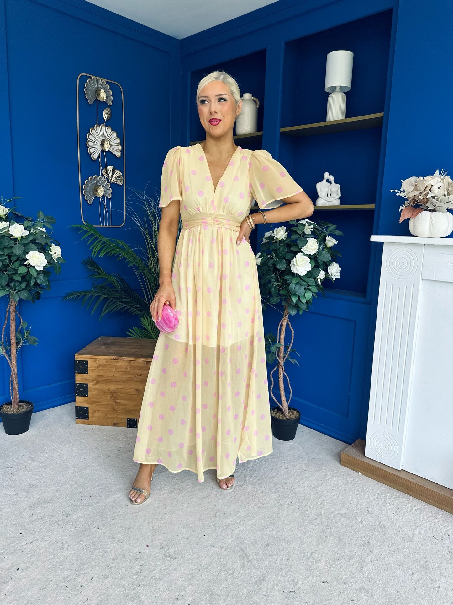 Una Banded Midi Dress Polka Yellow