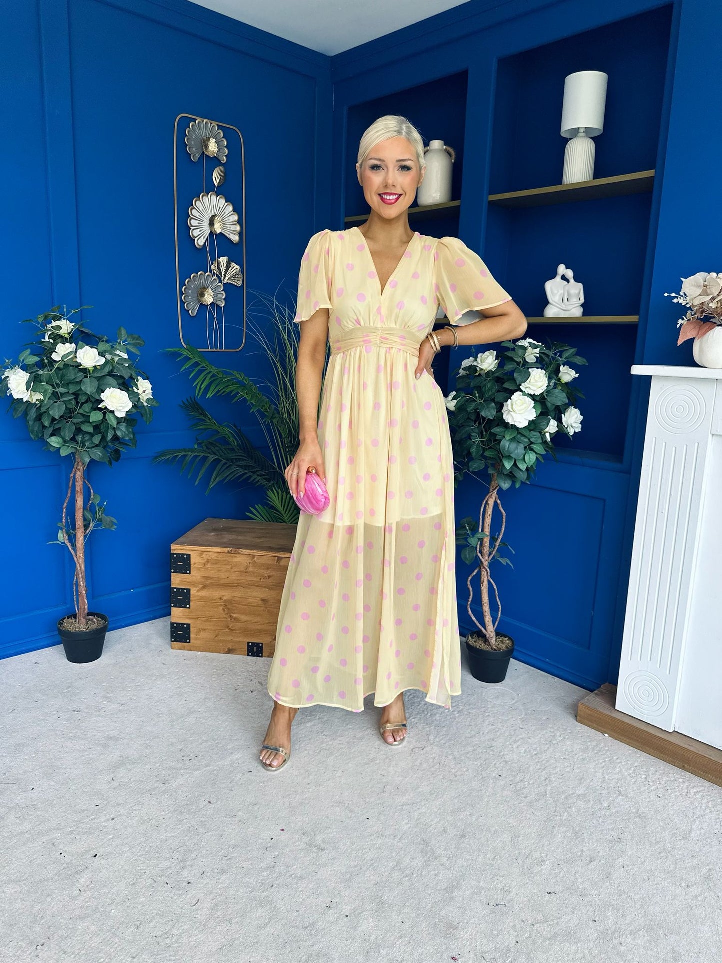 Una Banded Midi Dress Polka Yellow
