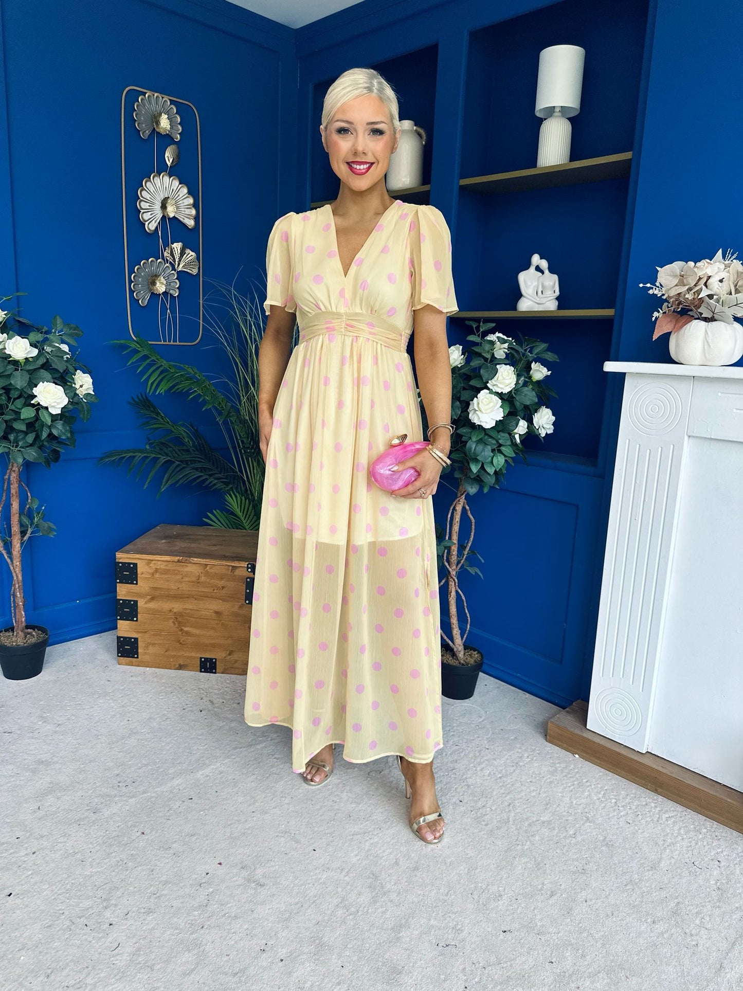 Una Banded Midi Dress Polka Yellow