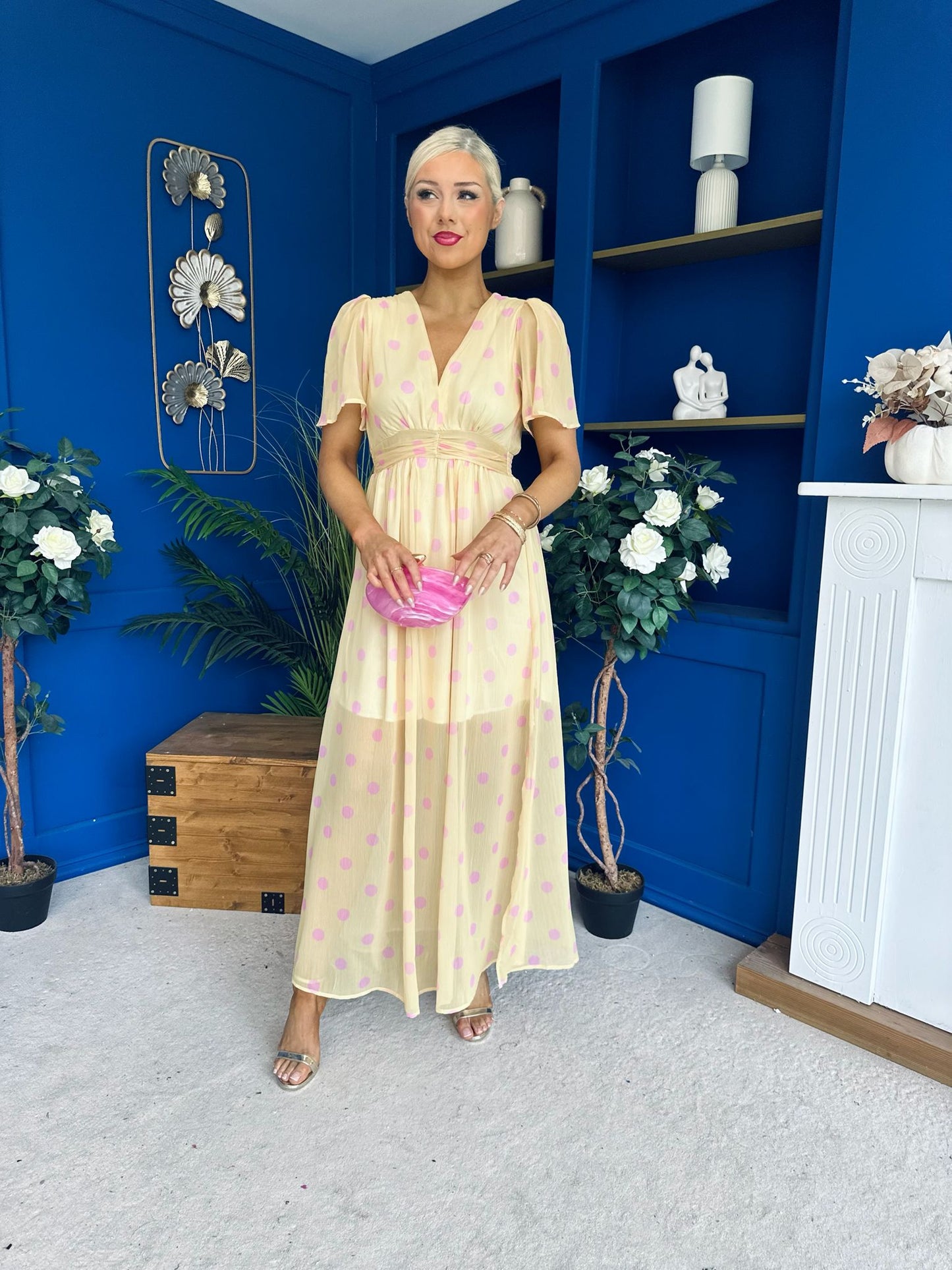 Una Banded Midi Dress Polka Yellow