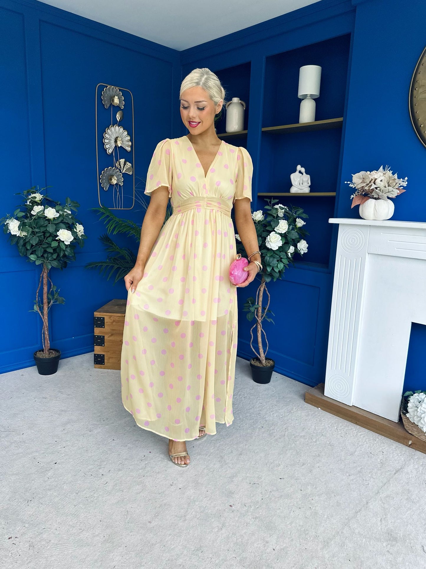 Una Banded Midi Dress Polka Yellow