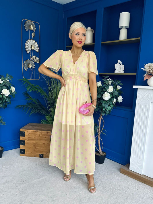 Una Banded Midi Dress Polka Yellow