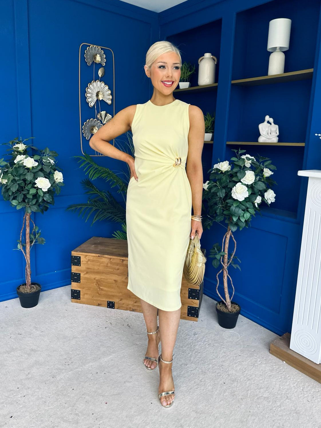 Alanis Gathered Detail Midi Dress Yellow