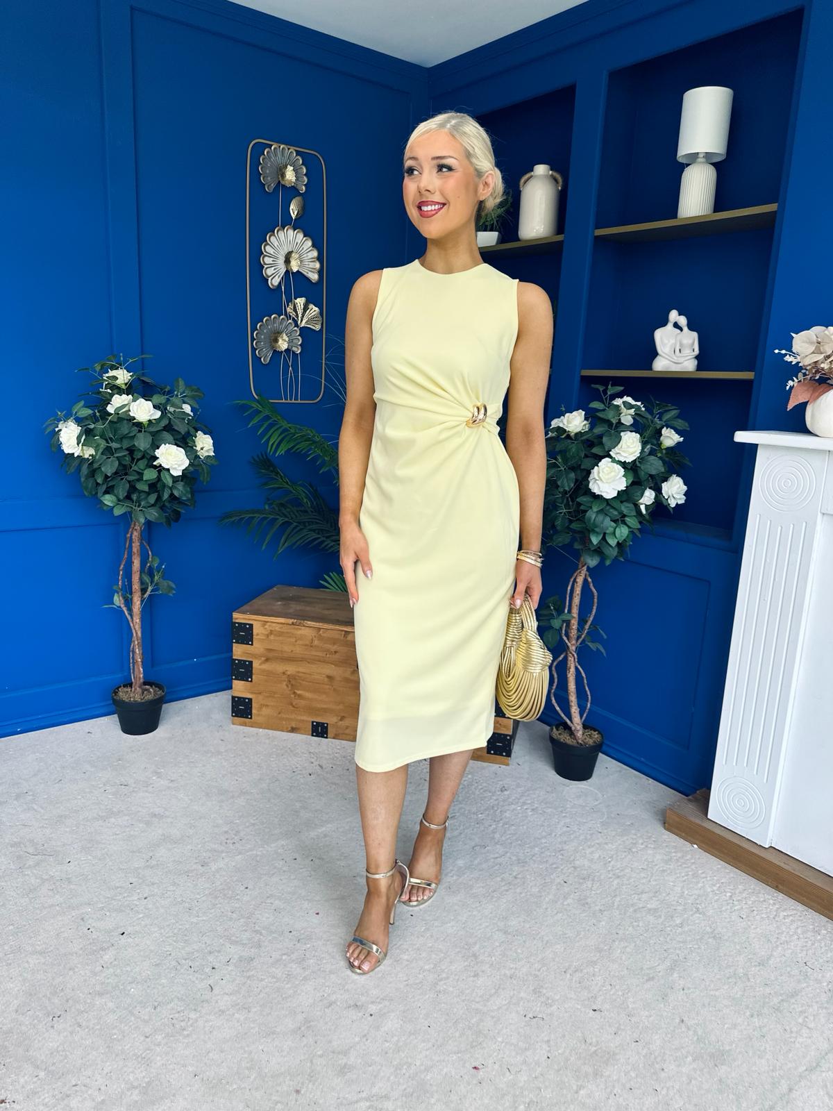 Alanis Gathered Detail Midi Dress Yellow