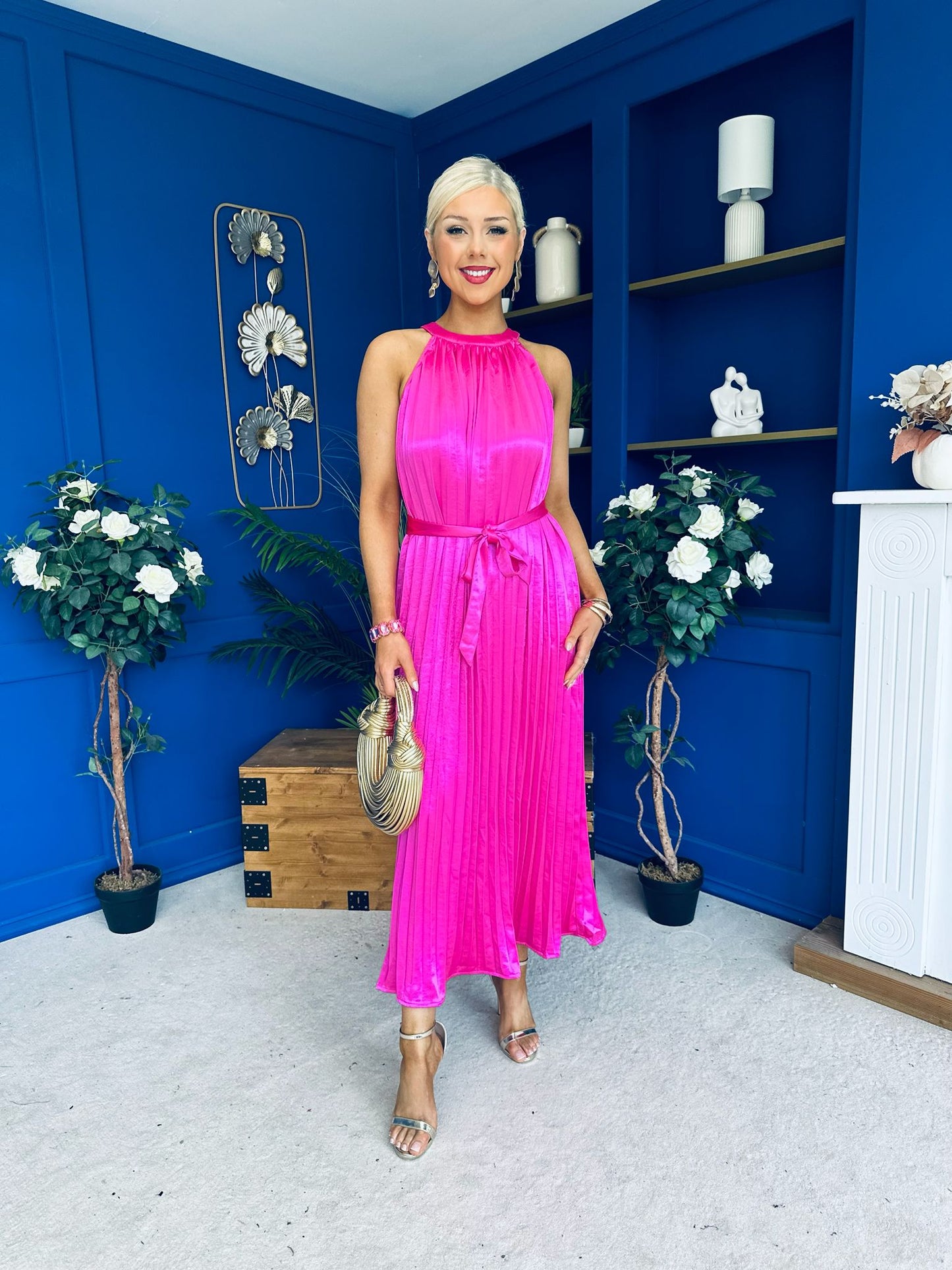 Madina Pleated Halter Maxi Dress in Pink