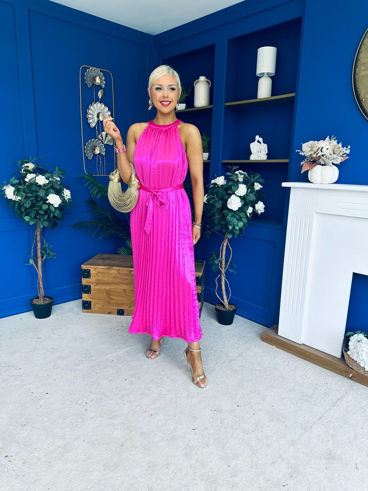Madina Pleated Halter Maxi Dress in Pink