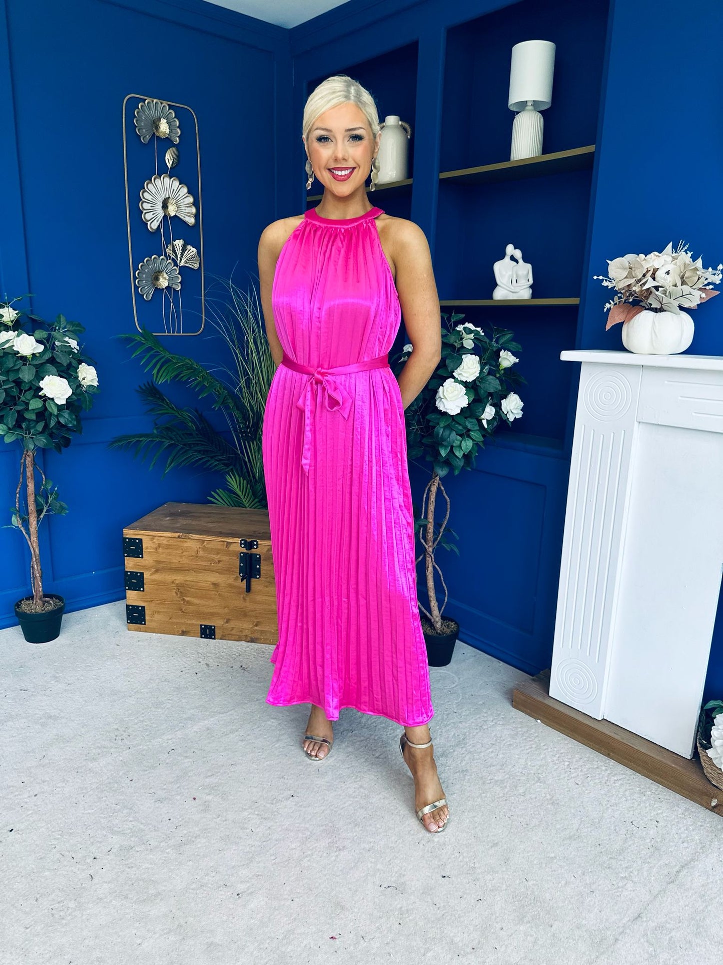 Madina Pleated Halter Maxi Dress in Pink