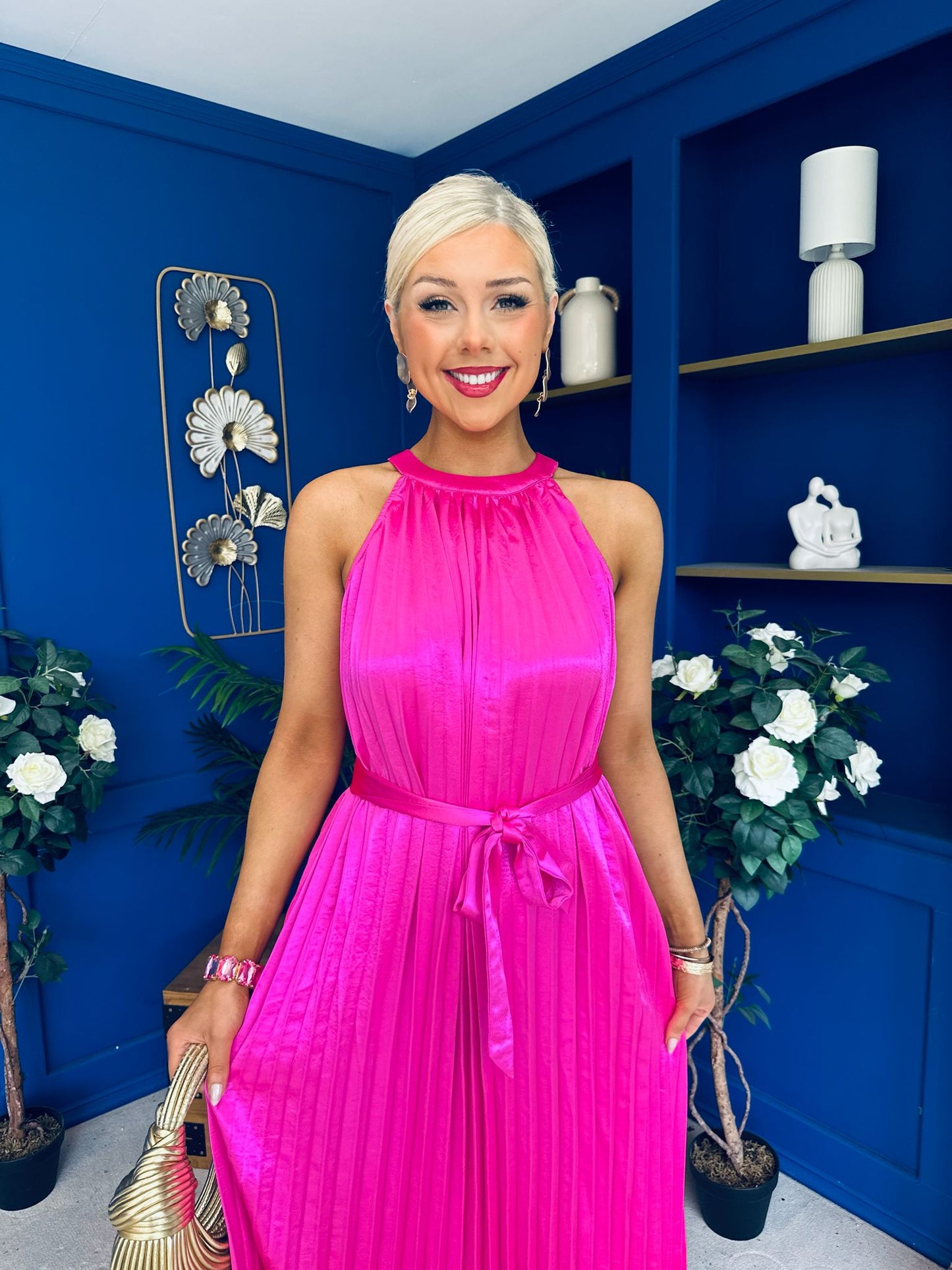 Madina Pleated Halter Maxi Dress in Pink