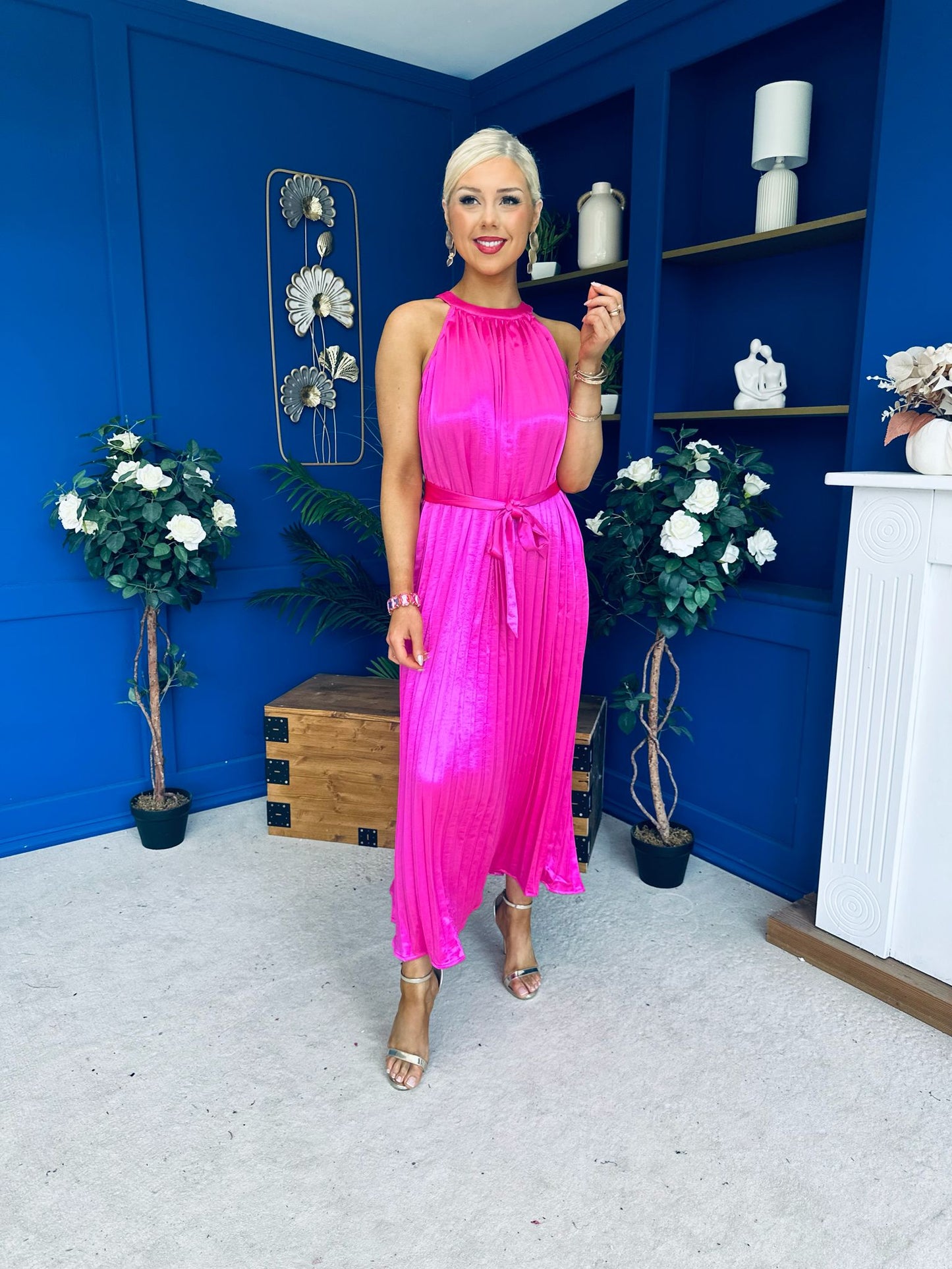 Madina Pleated Halter Maxi Dress in Pink