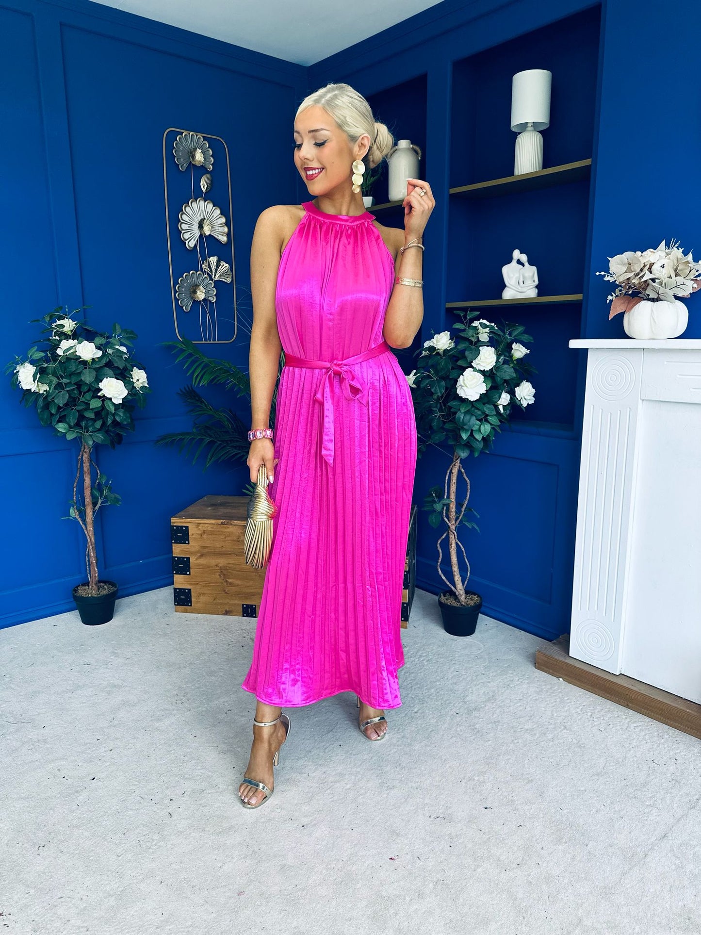 Madina Pleated Halter Maxi Dress in Pink