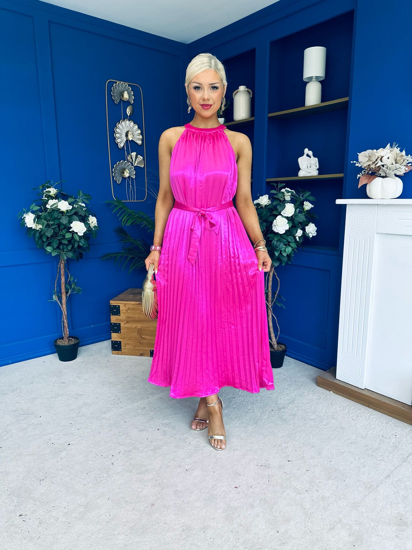 Madina Pleated Halter Maxi Dress in Pink
