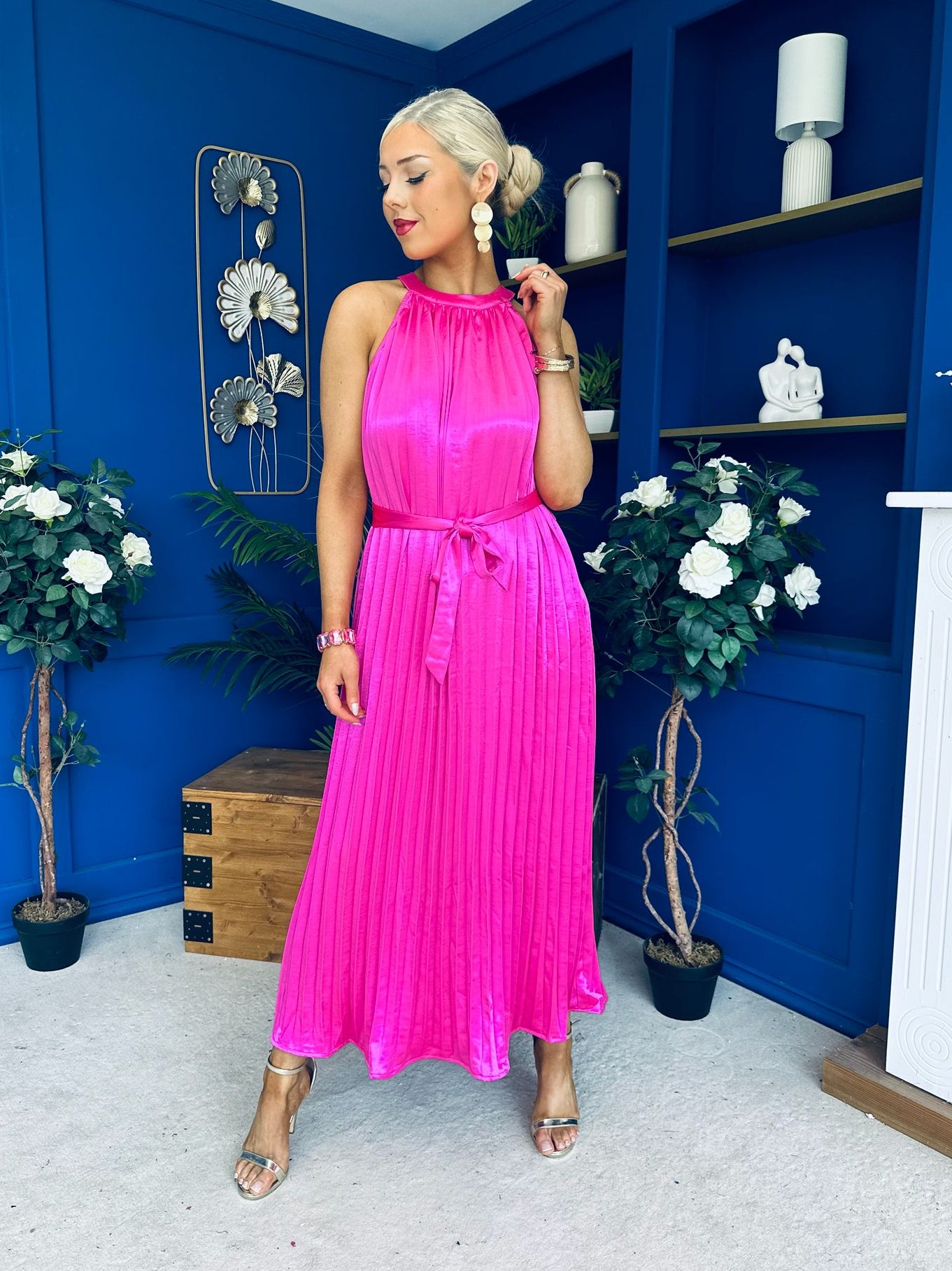 Madina Pleated Halter Maxi Dress in Pink