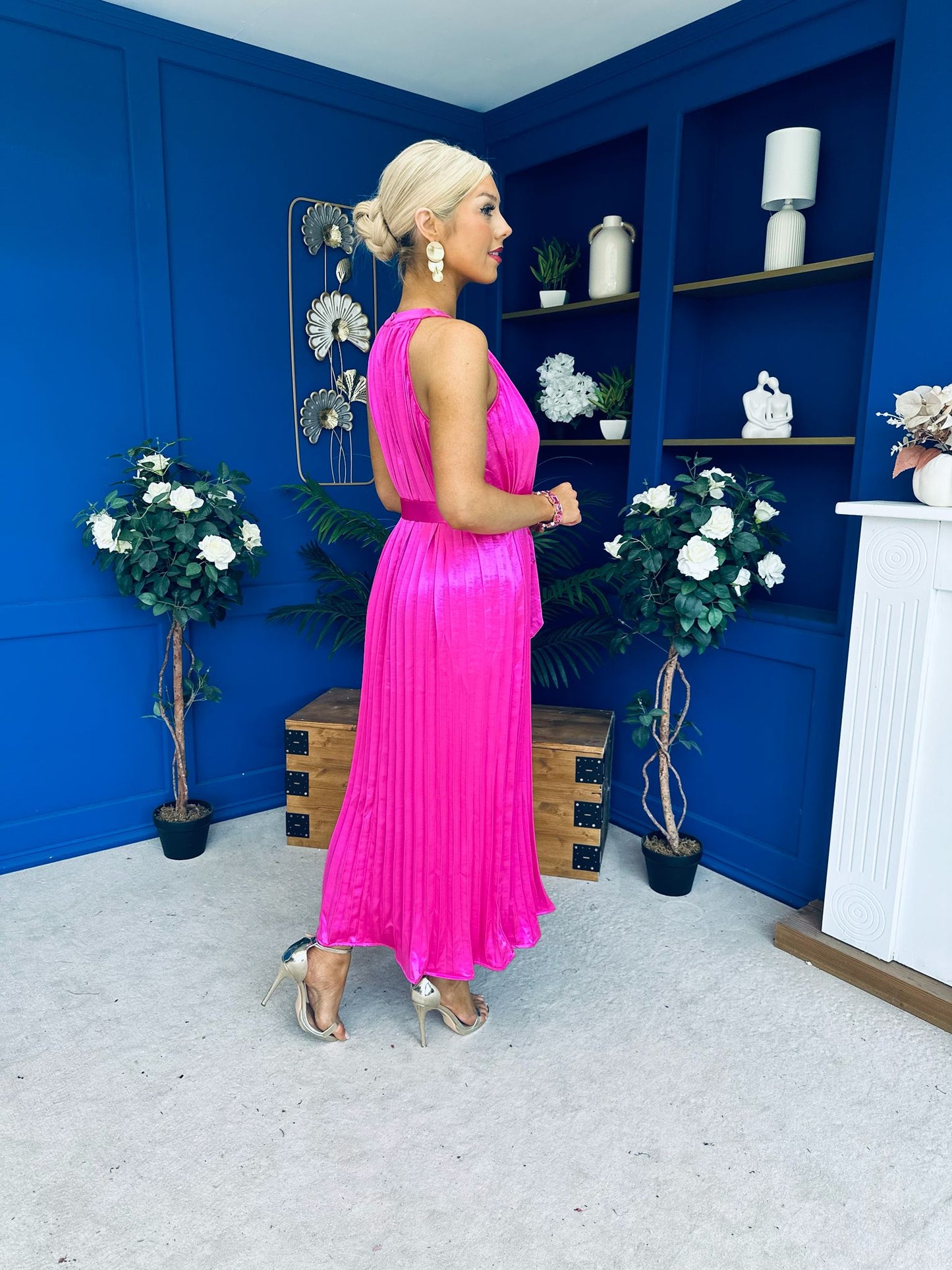 Madina Pleated Halter Maxi Dress in Pink