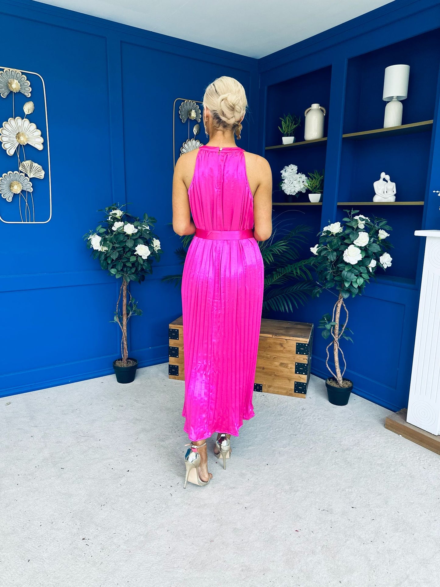 Madina Pleated Halter Maxi Dress in Pink
