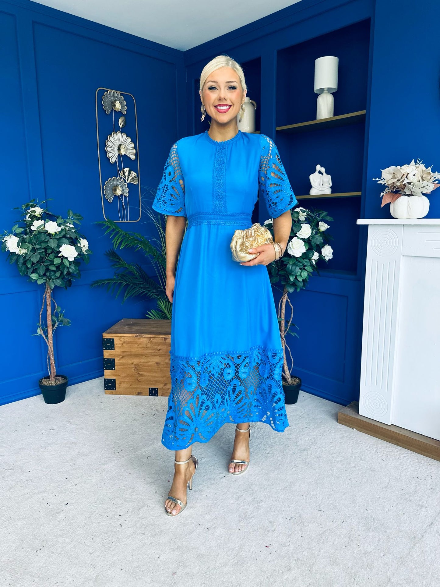 Oran Crochet Detail Occasion Dress Cobalt